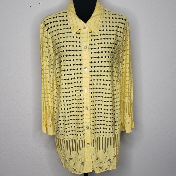 Alfred Dunner Tops - Alfred Dunner Womens Floral Polka Dot See Through Tunic Top Yellow Size 2X Boho